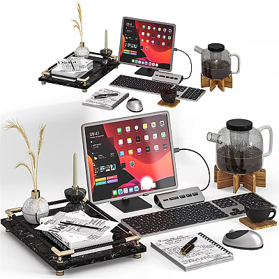 Sleek Modern Laptop Workstation Setup With Keyboard Mouse And Desk Accessories 3d model