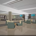 Lobby Interior With Green Sofas Yellow Cushions Large Screen TVs White Pillars And Light Flooring 3d model