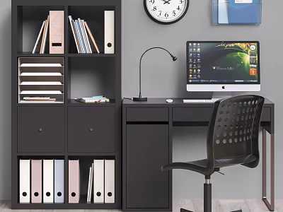 Modern Black Desk Setup With Computer Monitor Lamp Bookshelf And Chair 3d model