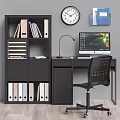 Modern Black Desk Setup With Computer Monitor Lamp Bookshelf And Chair