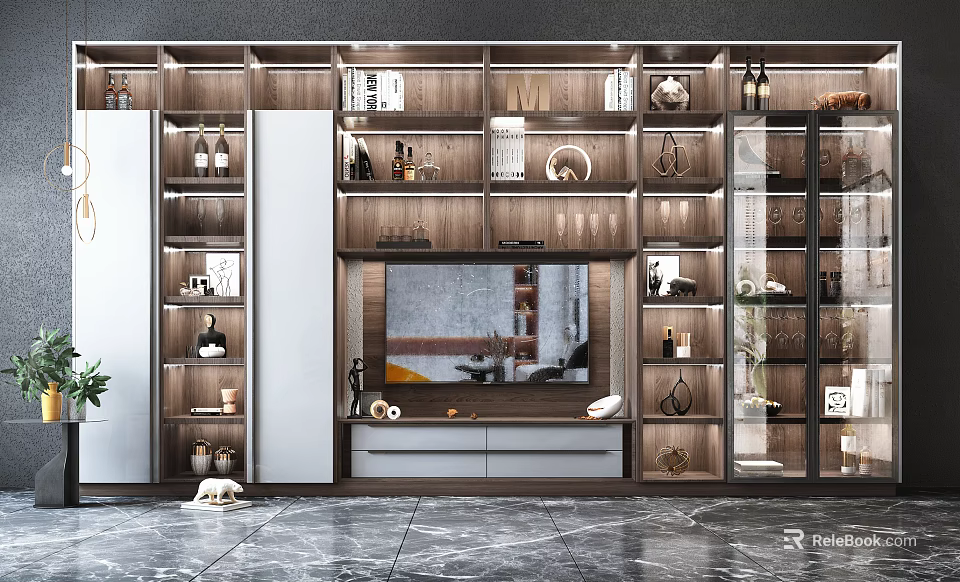 Elegant Modern TV Background Cabinet With Wooden Shelves Glass Doors LED Lighting And Storage 3d model 