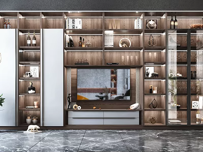 Elegant Modern TV Background Cabinet With Wooden Shelves Glass Doors LED Lighting And Storage 3d model