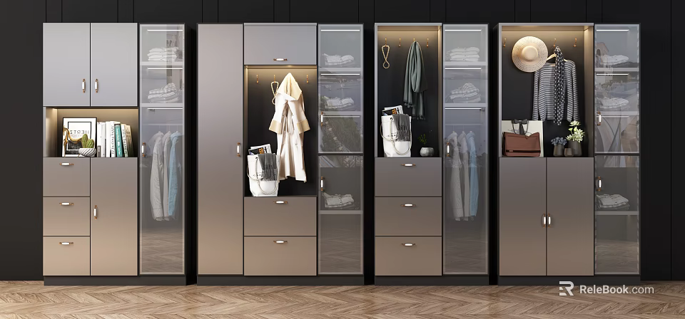 Modern Wardrobe Design With Glass Doors Drawers Hanging Clothes And Storage 3d model 