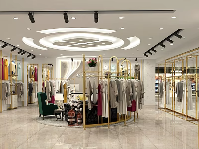 Modern Clothing Store Interior With Golden Racks Circular Display And Fashion Garments 3d model
