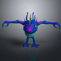 Blue And Purple Fantasy Monster Game Character With Large Eyes Open Mouth And Outstretched Arms