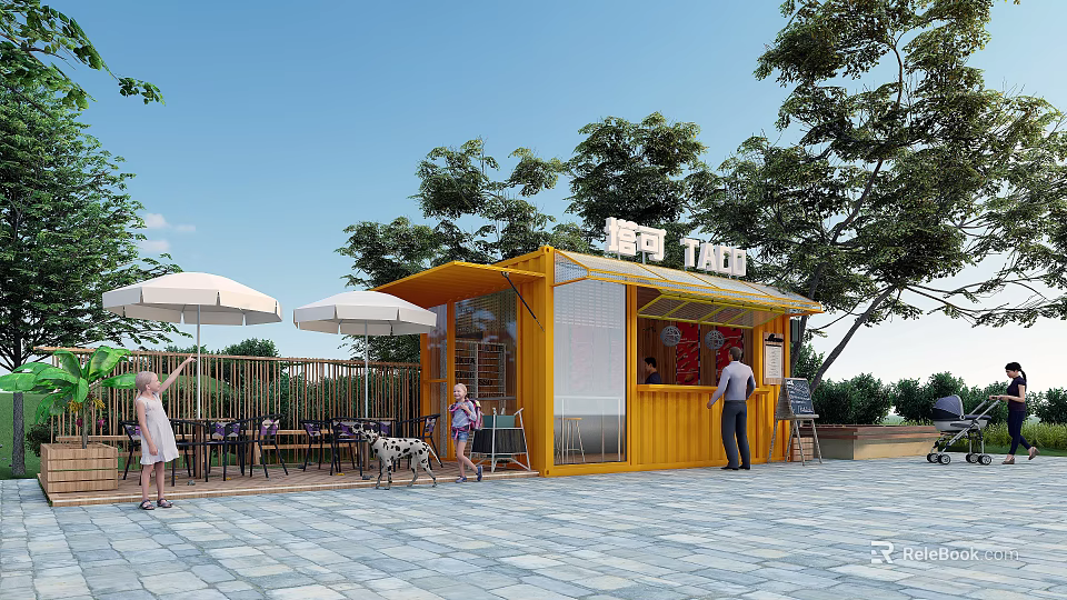 Yellow Container Building as Outdoor Drink Stand With Trees Umbrellas And Tables For People Relaxing 3d model 
