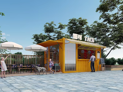 Yellow Container Building as Outdoor Drink Stand With Trees Umbrellas And Tables For People Relaxing 3d model