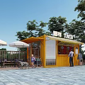 Yellow Container Building as Outdoor Drink Stand With Trees Umbrellas And Tables For People Relaxing
