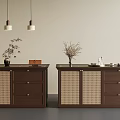 Brown Wooden Cabinets With Woven Doors Drawers And Decorative Plants For Home Decor