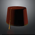 Elegant Red Traditional Hat Featuring Yellow Trim And Hanging Tassel Detail Design