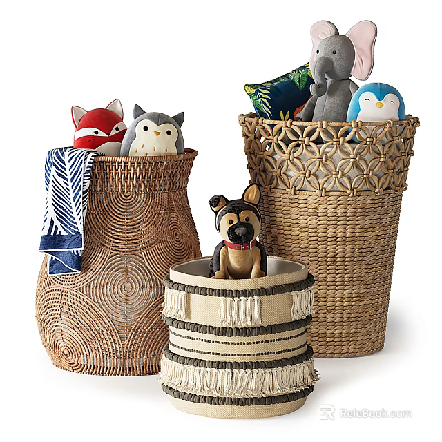 Woven Storage Baskets with Cotton Tassels for Stuffed Animals Pillows and Towels 3d model 