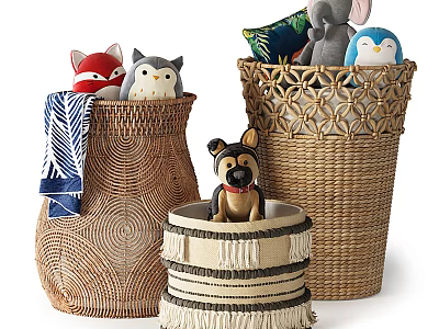 Woven Storage Baskets with Cotton Tassels for Stuffed Animals Pillows and Towels 3d model