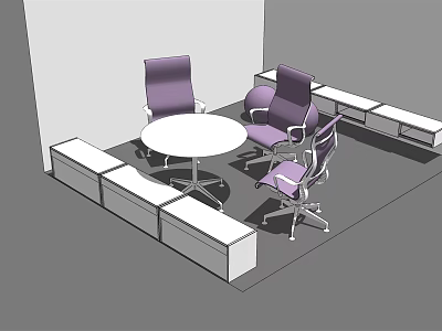 Modern Round Table And Purple Chairs With White Cabinets Interior Setup 3d model