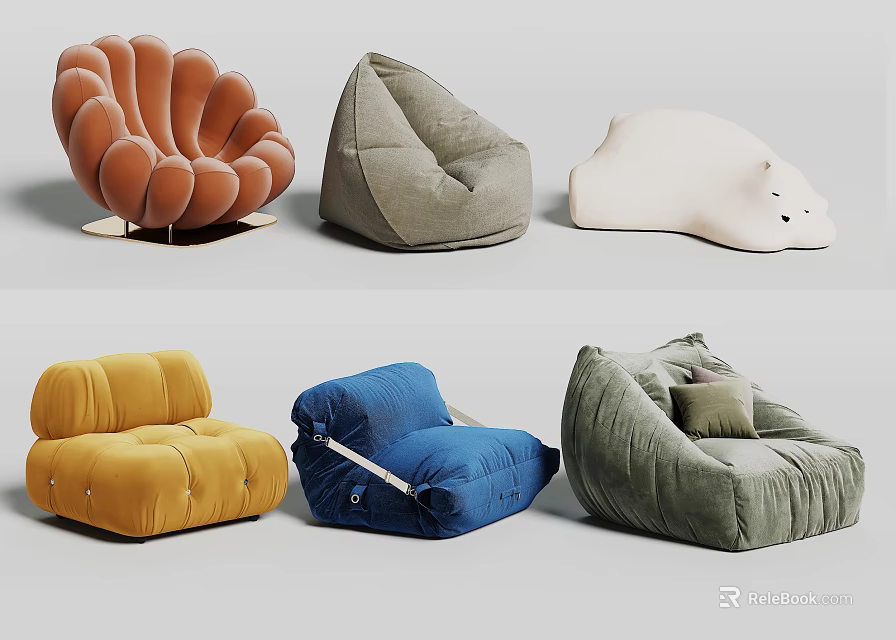 Stylish Modern Bean Bag Chairs With Various Colors And Unique Designs For Living Room 3d model 