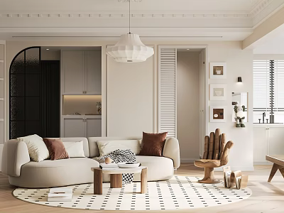 Modern Living Room Interior With Beige Sofa Cushions Round Rug Wooden Tables And Pendant Light 3d model