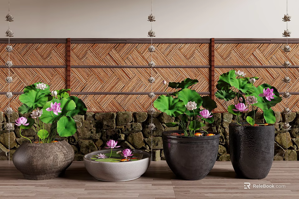Tranquil Water Fountain With Lotus Flowers In Stone Pots And Bamboo Screen Background 3d model 