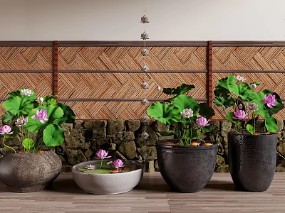 Tranquil Water Fountain With Lotus Flowers In Stone Pots And Bamboo Screen Background 3d model