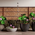 Tranquil Water Fountain With Lotus Flowers In Stone Pots And Bamboo Screen Background