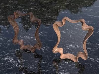 Wavy Wooden Frame Mirrors On Black Marble Countertop With Natural Scenery Reflection 3d model
