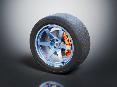 Car Tire With Blue Wheel Rim Orange Brake Caliper And Tread Pattern On Gray Background 3d model