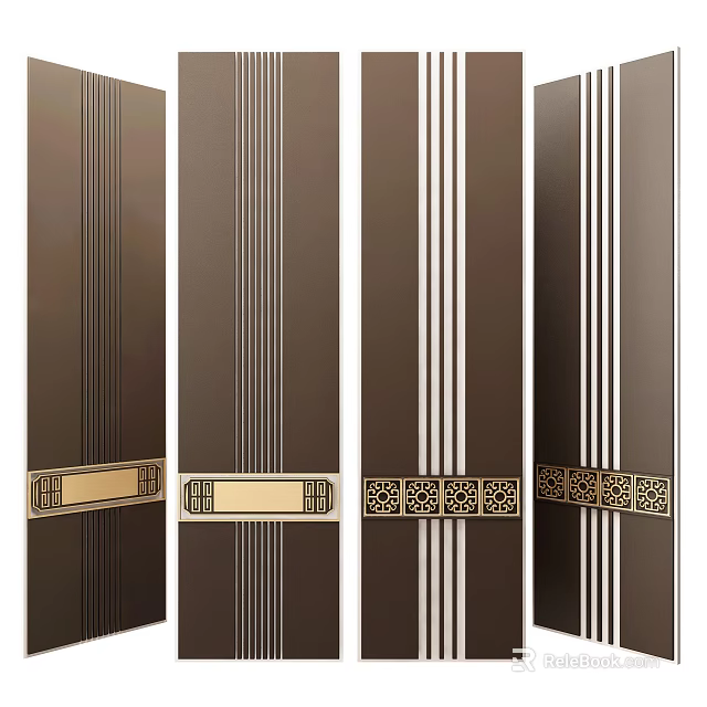 Brown Room Divider With White Vertical Stripes And Golden Decorative Patterns For Home Interior 3d model 