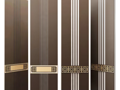 Brown Room Divider With White Vertical Stripes And Golden Decorative Patterns For Home Interior 3d model