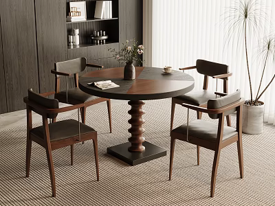 Modern Dining Space With Round Wooden Table Leather Chairs Vase Books And Potted Plant 3d model
