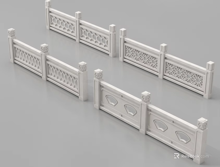 White Carved Decorative Railings With Intricate Patterns For Traditional Architecture 3d model 