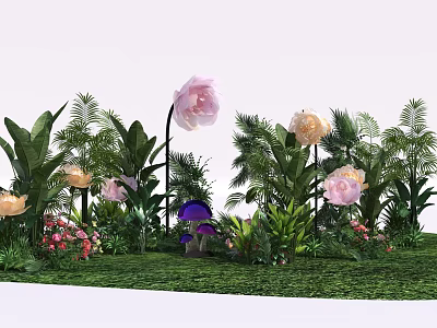 Artistic Floral Installation With Pink Orange Blooms Green Foliage Purple Mushrooms And Grass 3d model
