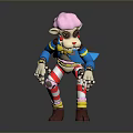 Cartoon Monkey Character Featuring Pink Hair Blue Coat Striped Pants In Squatting Pose