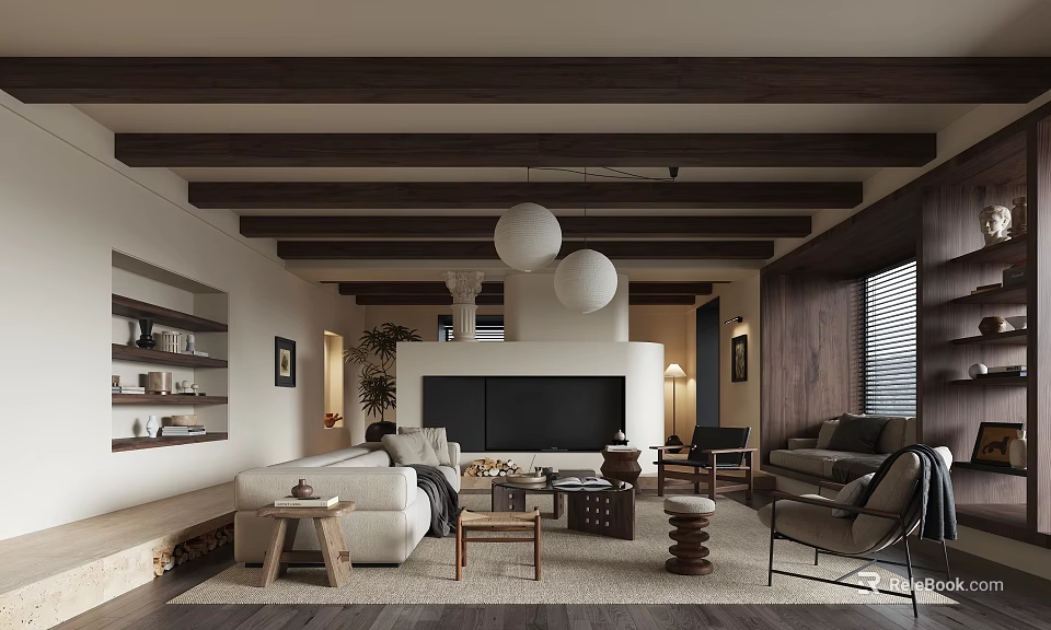 Cozy Living Room With Wooden Beam Ceiling White Pendant Lights Sofa Fireplace And Coffee Table 3d model 