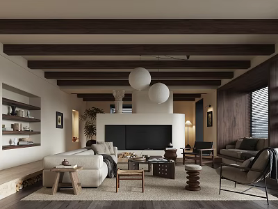 Cozy Living Room With Wooden Beam Ceiling White Pendant Lights Sofa Fireplace And Coffee Table 3d model