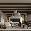Cozy Living Room With Wooden Beam Ceiling White Pendant Lights Sofa Fireplace And Coffee Table