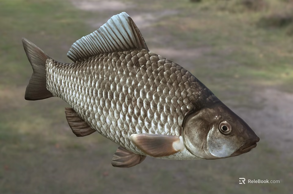Close Up Common Carp With Detailed Scales Silver Brown Body Natural Freshwater Aquatic Animal 3d model 