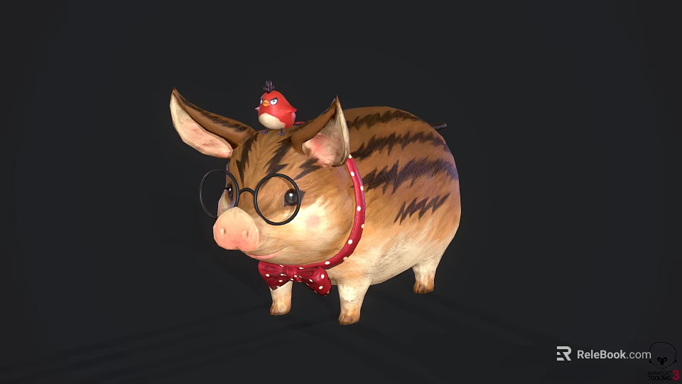 Cute Striped Pig Character With Glasses Red Bow Tie And Bird On Head 3d model 