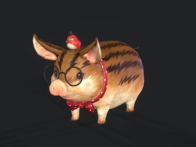 Cute Striped Pig Character With Glasses Red Bow Tie And Bird On Head 3d model