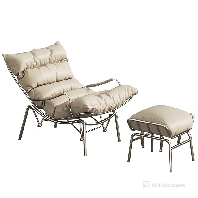 Modern Beige Lounge Chair with Plush Cushions Metal Frame and Matching Ottoman 3d model 