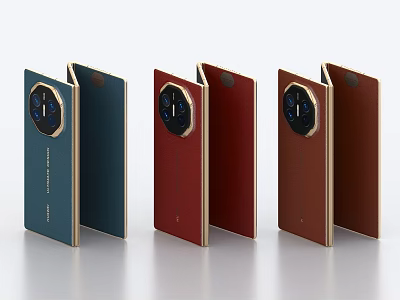 Three Foldable Flip Smartphones With Blue Red Brown Leather Finish And Metal Frames 3d model