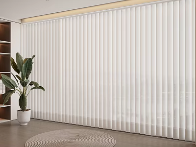 White Vertical Blinds In Bright Room With Potted Plant And Area Rug 3d model