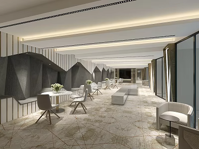 Modern Hotel Public Lounge Interior With Geometric Walls Comfortable Sofas And Ambient Lighting 3d model