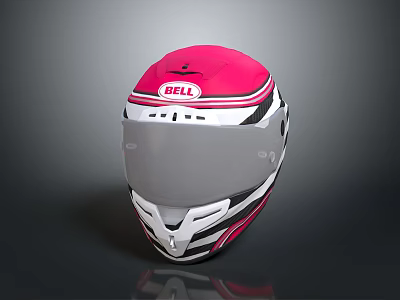 Bell Pink And White Racing Helmet With Black Stripes And Transparent Visor 3d model