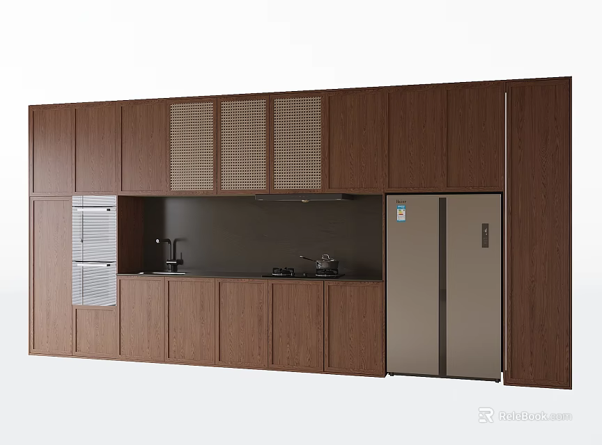 Modern Kitchen Sideboard With Wooden Cabinets Lattice Doors And Stainless Steel Appliances 3d model 