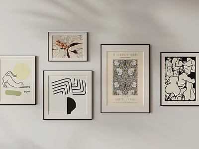 Framed Artworks in Various Styles Hanging on White Wall for Home Decor 3d model