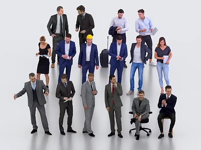 Diverse Group of People in Formal and Casual Attire Standing Sitting on White Background 3d model