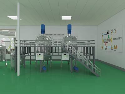 Industrial Processing Plant Interior With Stainless Steel Reactors Green Floor And Control Panels 3d model