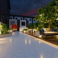 Elegant Modern Restaurant Outdoor Terrace With Greenery And Ambient Lighting Seating Area