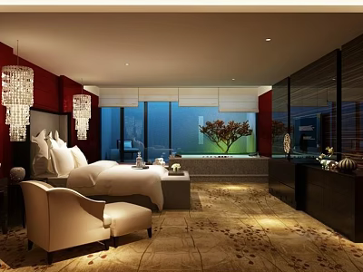 Luxury Hotel Guest Room With King Bed Crystal Chandeliers And Scenic View 3d model