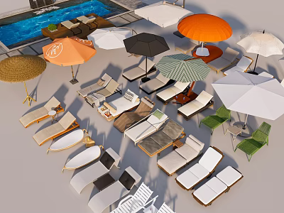 Outdoor Lounge Chairs In Various Styles And Colors With Umbrellas Poolside 3d model
