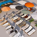 Outdoor Lounge Chairs In Various Styles And Colors With Umbrellas Poolside