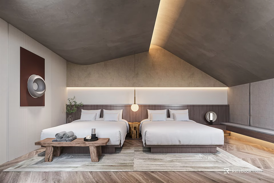 Modern Cozy Hotel Guest Room With Twin Beds Wooden Flooring And Bedside Lighting 3d model 